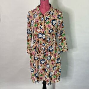 Banana Republic 3/4 sleeve floral button up belted dress women Size 10 colorful